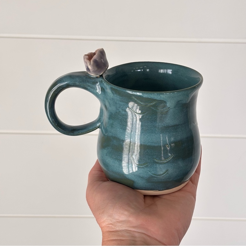 Handmade Teal Ocean Waves Ceramic Mug with Oyster and pearl Accent On Handle